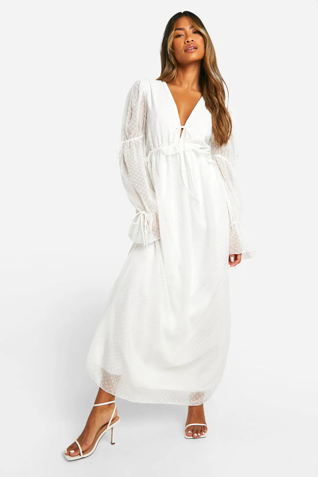 Cream Dobby Ruffle Maxi Dress | Boohoo USA | boohoo (US & Canada)