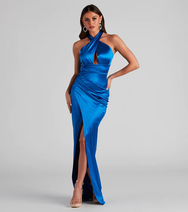 Kaylee Halter Satin Formal Dress | Windsor Stores