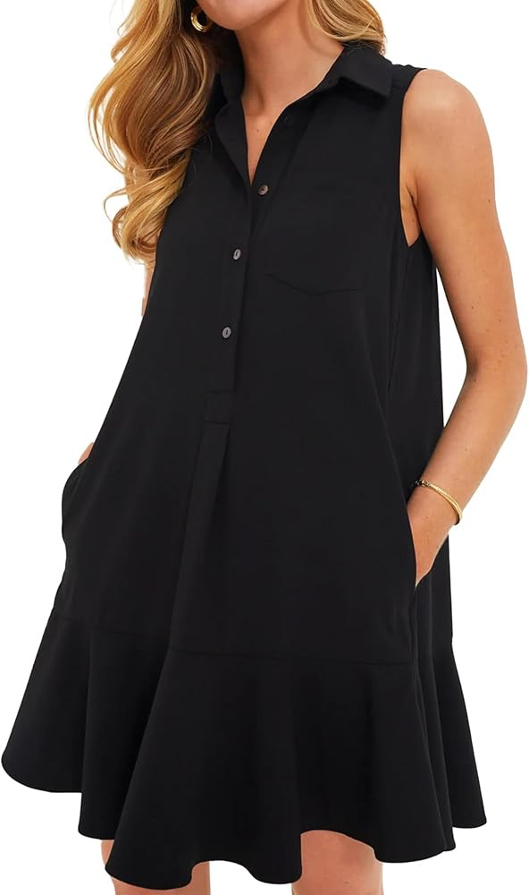Women's Sleeveless Shirt Dress Button Down Ruffle Hem Mini Dresses with Pockets | Amazon (US)
