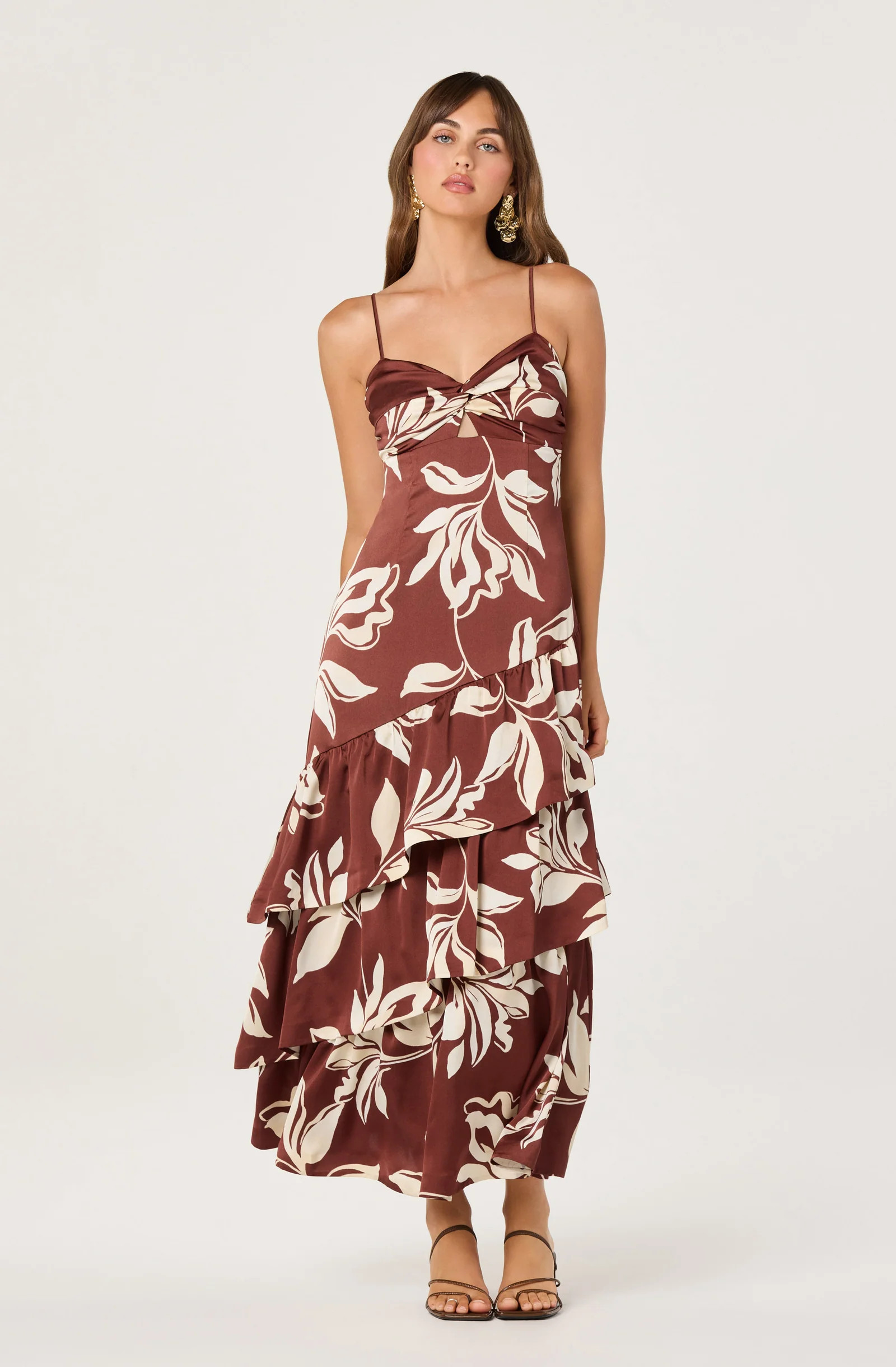 Cassia Twist-Front Satin Maxi Dress - Brown floral / XS | ASTR The Label (US)