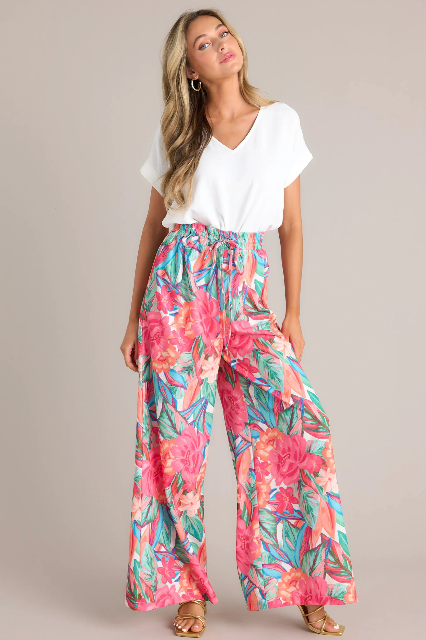 Island Breeze Hot Pink Multi Floral Wide Leg Pants | Red Dress