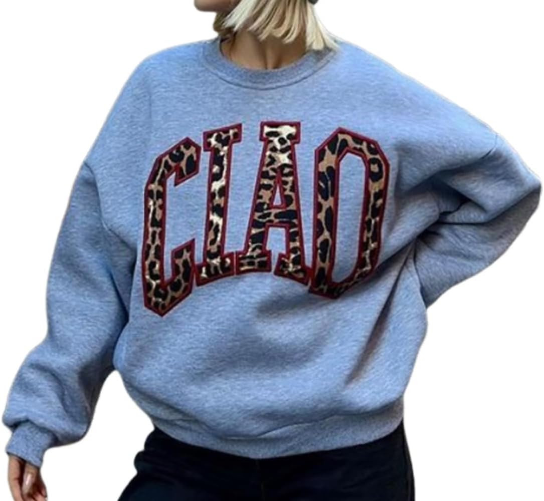 Leopard Print Shirt for Women Alphabet Embroidery Sweatshirt Casual Long Sleeve Warm Loose Pullov... | Amazon (US)