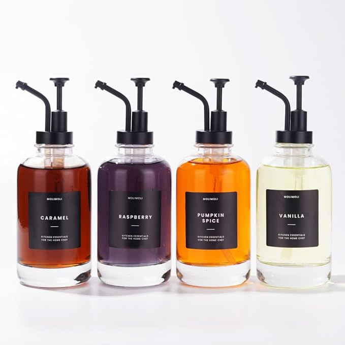 Molimoli Coffee Syrup Dispenser Set of 4, Glass Bottles with Pump, Maple & Coffee Syrup, Black | Amazon (US)