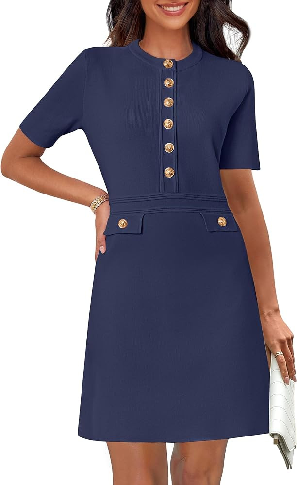 MEROKEETY Women's Knit Bodycon Sweater Dress Button Short Sleeve Crew Neck Elegant Formal Mini Dr... | Amazon (US)