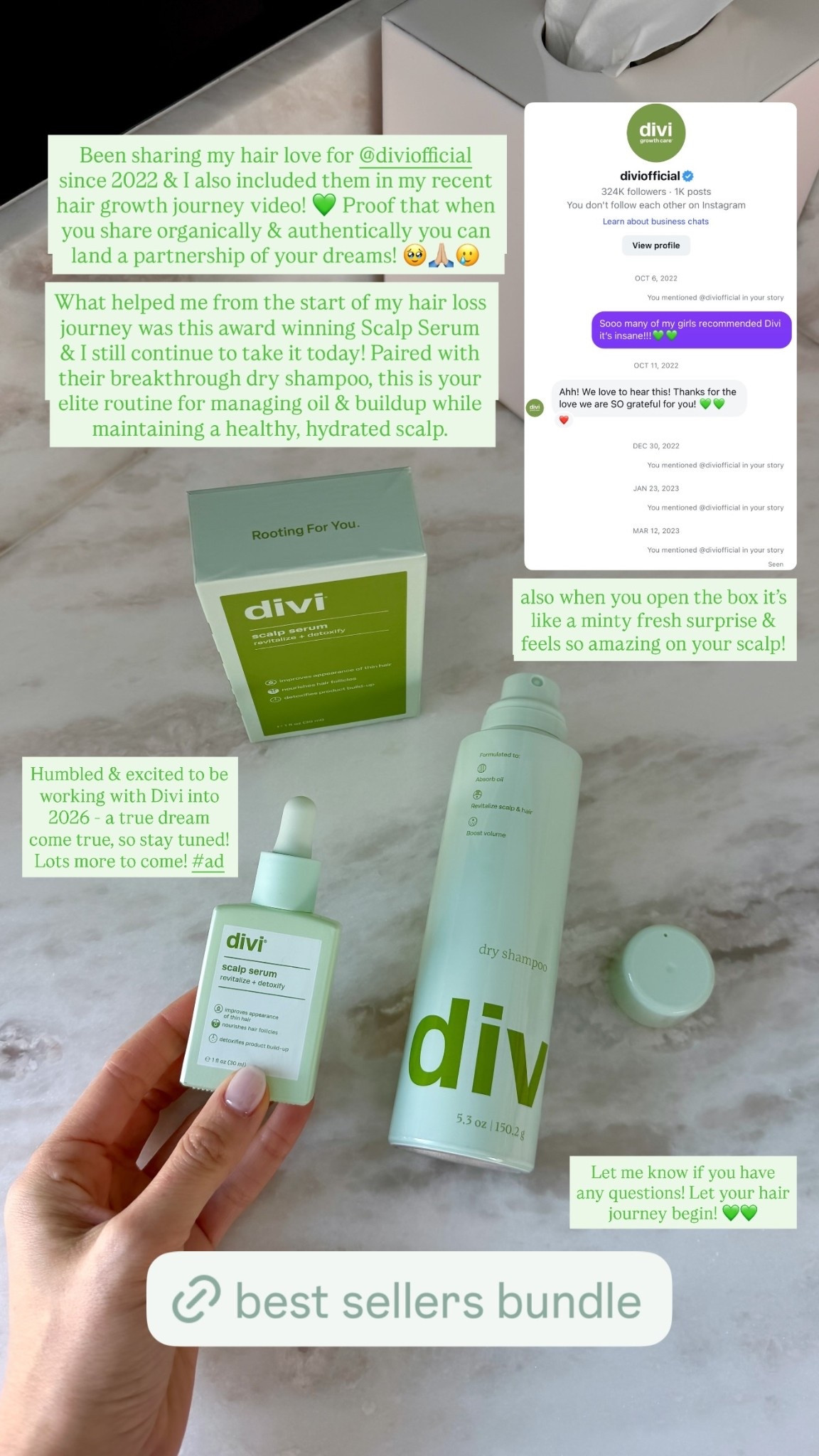 Been sharing my hair love for @diviofficial since 2022 & I also included them in my recent hair growth journey video! 💚 Proof that when you share organically & authentically you can land a partnership of your dreams! 🥹🙏🏼🥲 Humbled & excited to be working with Divi into 2026 - a true dream come true, so stay tuned! Lots more to come! #ad What helped me from the start of my hair loss journey was this award winning Scalp Serum & I still continue to take it today! Paired with their breakthrough dry shampoo, this is your elite routine for managing oil & buildup while maintaining a healthy, hydrated scalp.  Let me know if you have any questions! Let your hair journey begin! 💚💚 @daniaustin

#LTKHoliday #LTKselfcare #LTKdayinmylife