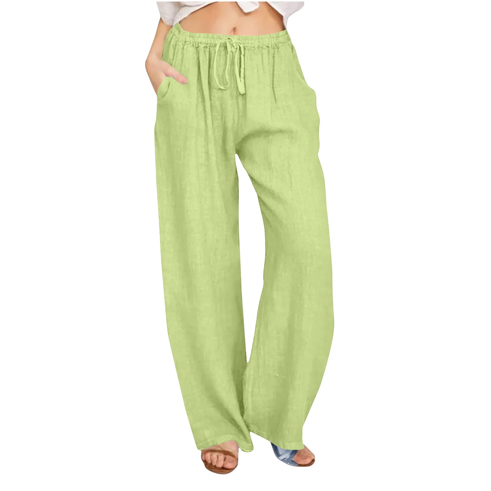 Lime Green Pants for Ladies Fall Summer Faux Gauze Linen Loose Fit Brunch High Leg Straight Leg P... | Walmart (US)