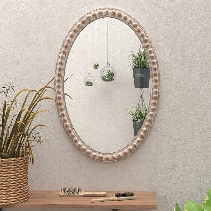 COZAYH Distressed Wood Frame Accent Mirror, Rustic Farmhouse Style Decorative Wall Mirror (Oval) | Amazon (US)