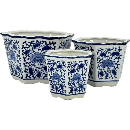 Galt International Blue & White Floral Porcelain Ceramic Decorative Flower Pot 8"/6"/4.5" Garden Pots Chinese Asian Design - Set of 3 Round Fluted | Walmart (US)