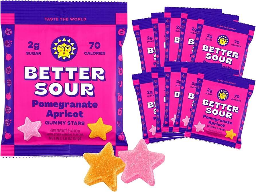 Better Sour Pomegranate Apricot Gummy Stars Candy, Healthy Candy with Low Sugar Gummies, Fiber Gu... | Amazon (US)