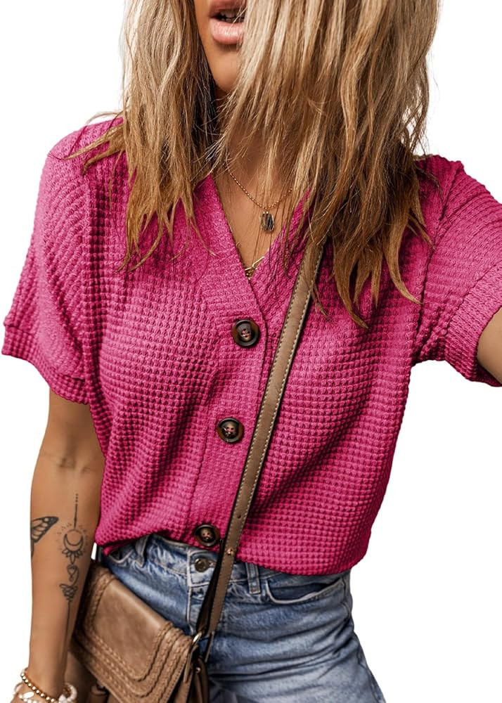 Dokotoo Womens Summer Tops 2026 Waffle Knit Button Down Shirts | Amazon (US)