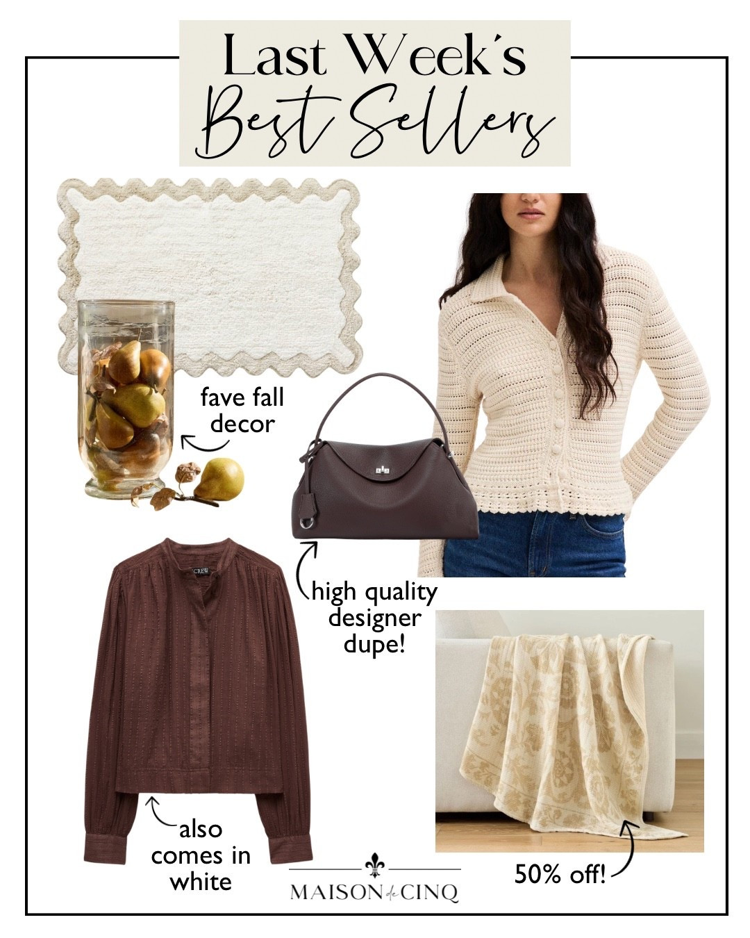 Last week’s best sellers include a pretty throw half off, an amazing Toteme handbag dupe, my fave faux pears for fall decor, and more!

Home decor, fall handbag, sweater, bathmat, blouse, fall fashion, fall outfit

#LTKSeasonal #LTKHome #LTKSaleAlert