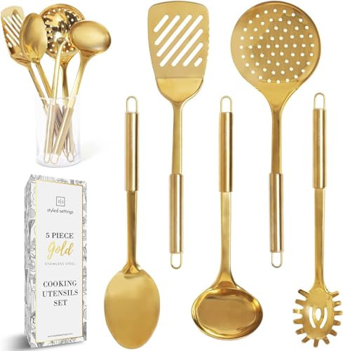 Gold Cooking Utensils Set – 5-Piece Stainless Steel Kitchen Tools for Modern Cooking and Serving – Dishwasher Safe Ladle, Spoon, Spatula, Pasta Fork, Luxury Brass Kitchen Accessories for Home Chefs | Amazon (US)