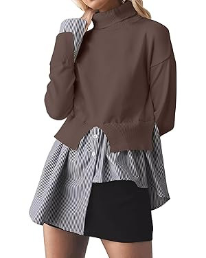 MISSACTIVER Women Slit Turtleneck Patchwork Sweater 2 in 1 Buttons Down Pullover Knit Sweater Asy... | Amazon (US)