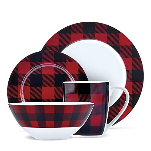 Safdie & Co. 16-Piece Red, Black Plaid Dinnerware Set, Porcelain, Includes Bowls, Plates, and Mugs, Dishwasher Safe | Amazon (US)