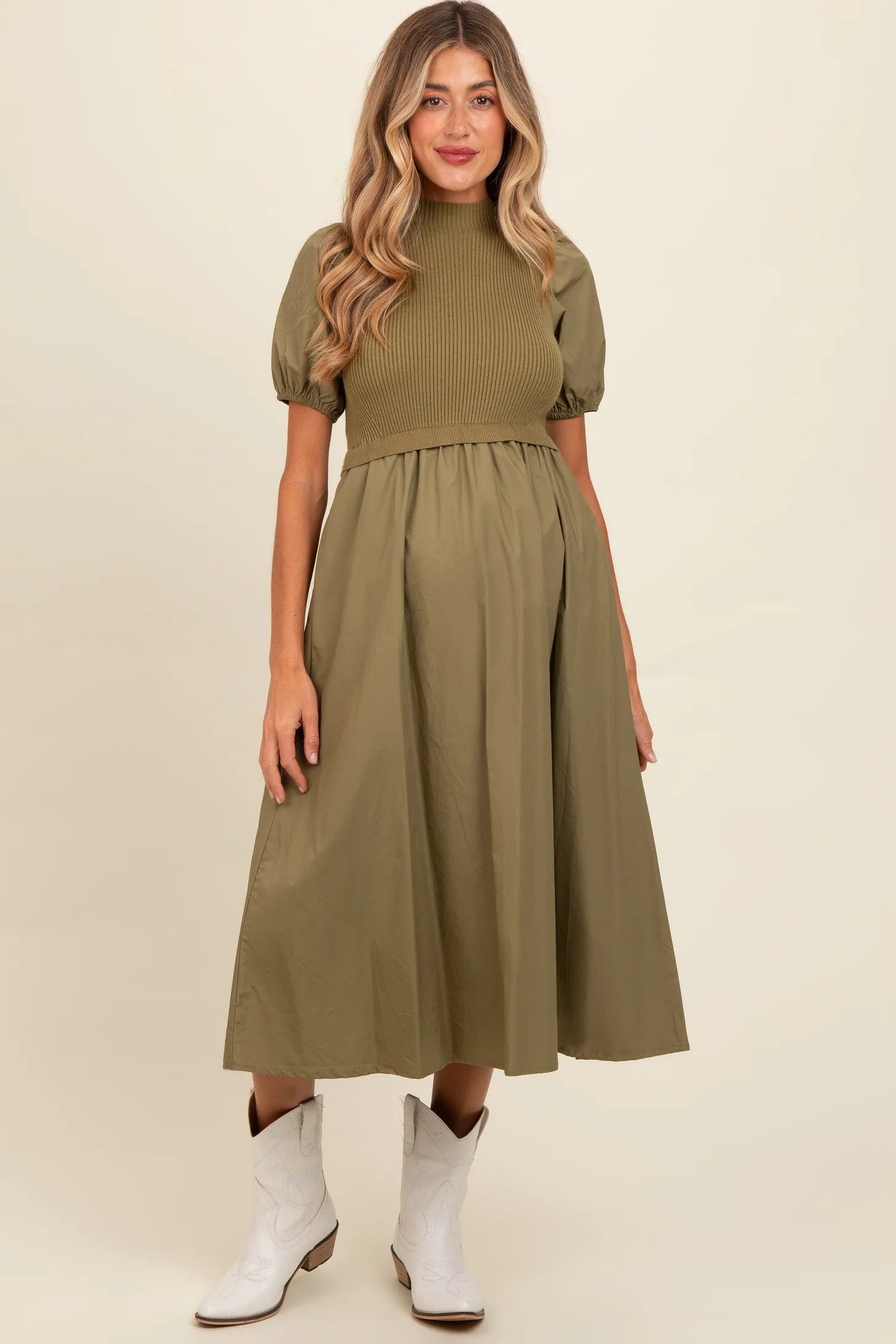 Olive Contrast Knit Bodice Maternity Midi Dress | PinkBlush Maternity