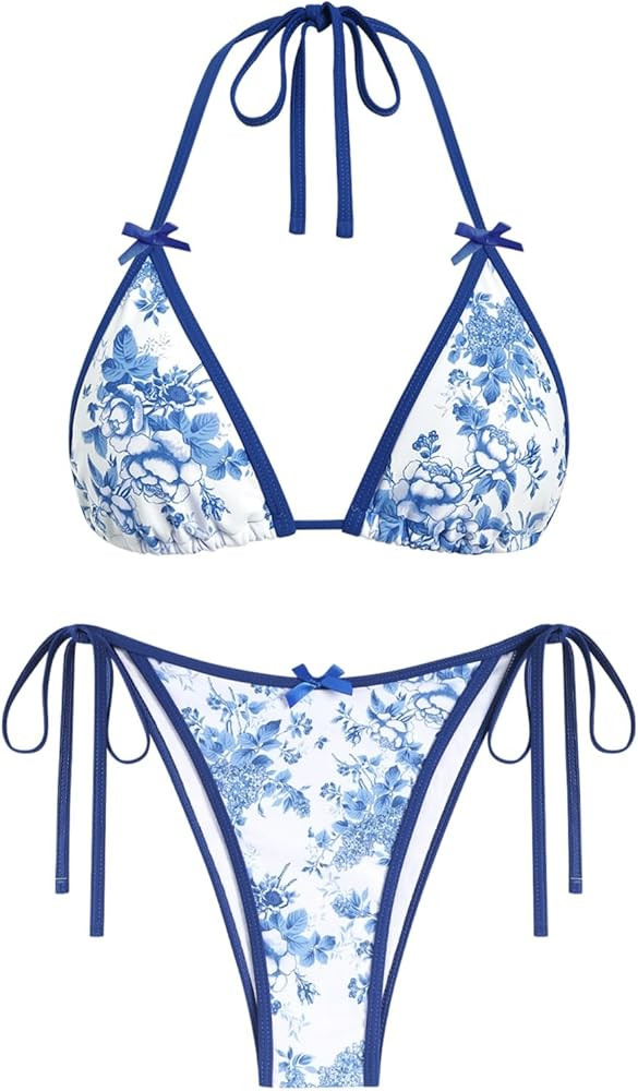 ZAFUL Women's Sexy Halter Bikini Sets Bow Decor Tiny Floral Print Bikini Swimsuits Tie Side Trian... | Amazon (US)