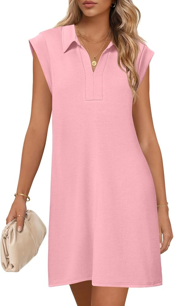 MEROKEETY Women's 2025 Summer Short Sleeve Mini Dress Casual Collared V Neck Loose T Shirt Dresse... | Amazon (US)