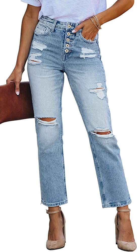 MINGALONDON Womens Ripped Boyfriend Jeans Mid Waisted Distressed Stretchy Denim Pants | Amazon (US)