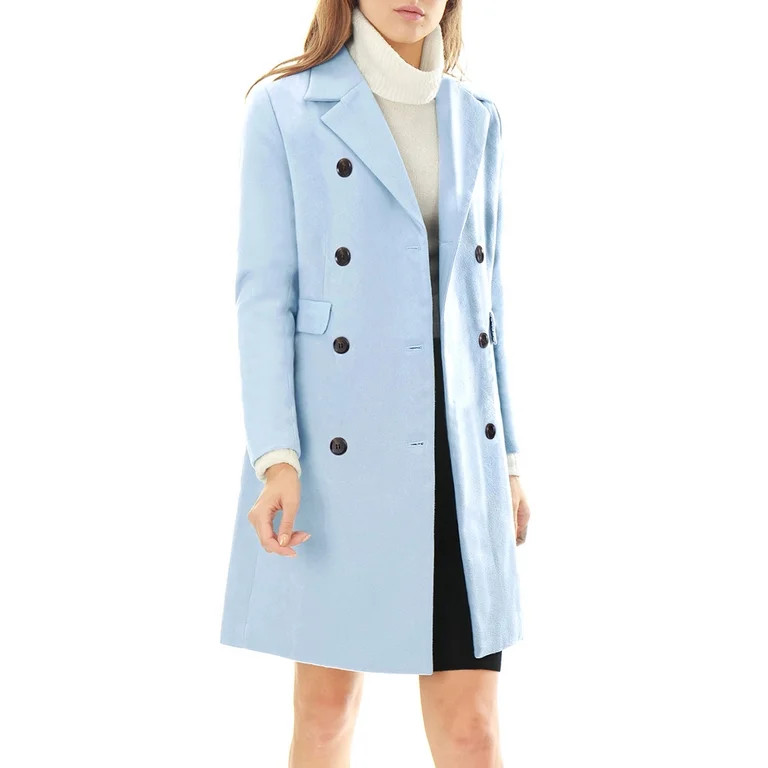 Allegra K Women's Notched Lapel Double Breasted Back Vent Longline Overcoat | Walmart (US)