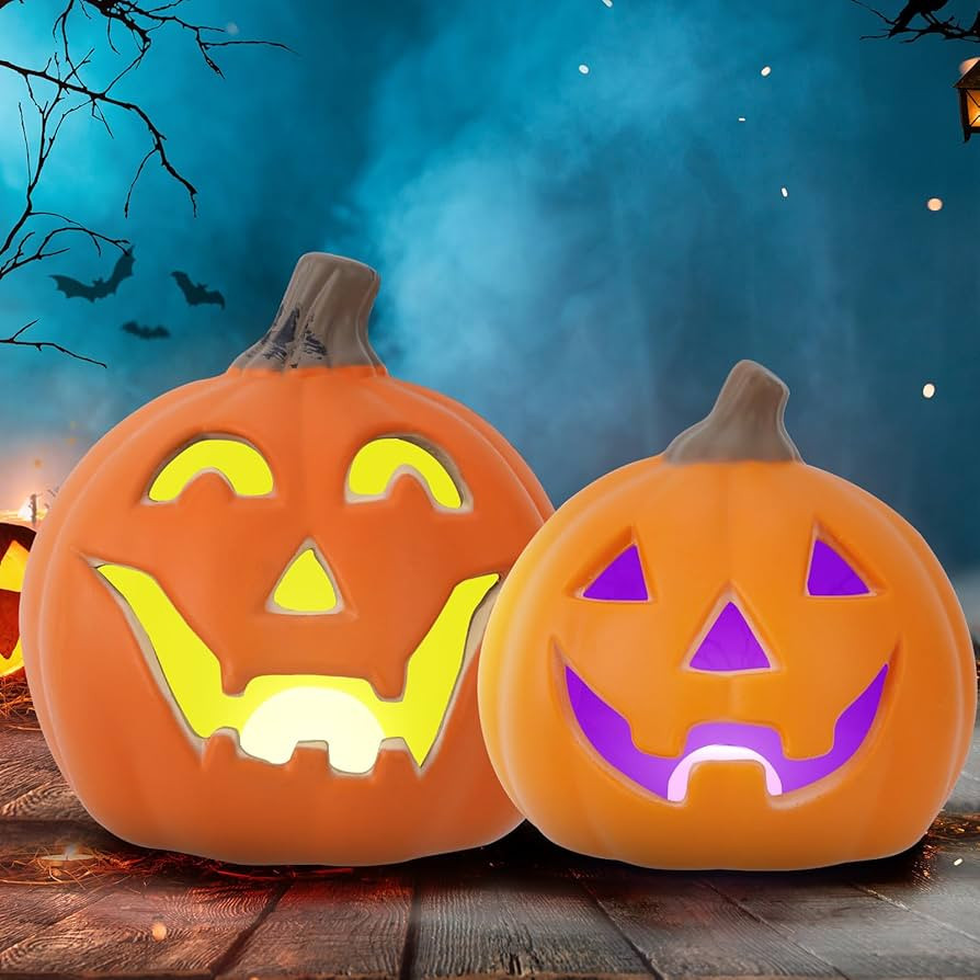 Halloween LED Jack-O-Lantern Lights with Purple Bat Hat, Color-Changing Pumpkin Decor Set of 2 Ba... | Amazon (US)