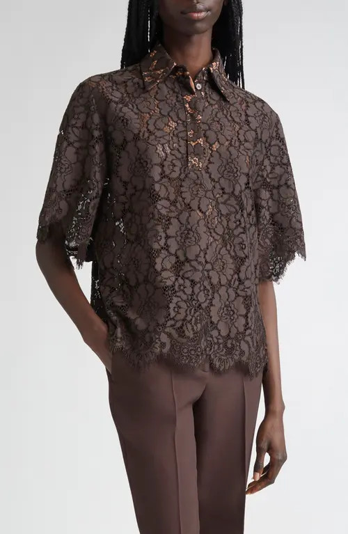 Michael Kors Collection Floral Lace Button-Up Shirt in Chocolate at Nordstrom, Size Small | Nordstrom