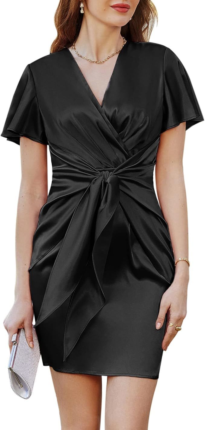 GRACE KARIN Women's Casual Wrap V Neck Ruched Tie Waist Satin Mini Dress Short Sleeve Cocktail Pa... | Amazon (US)