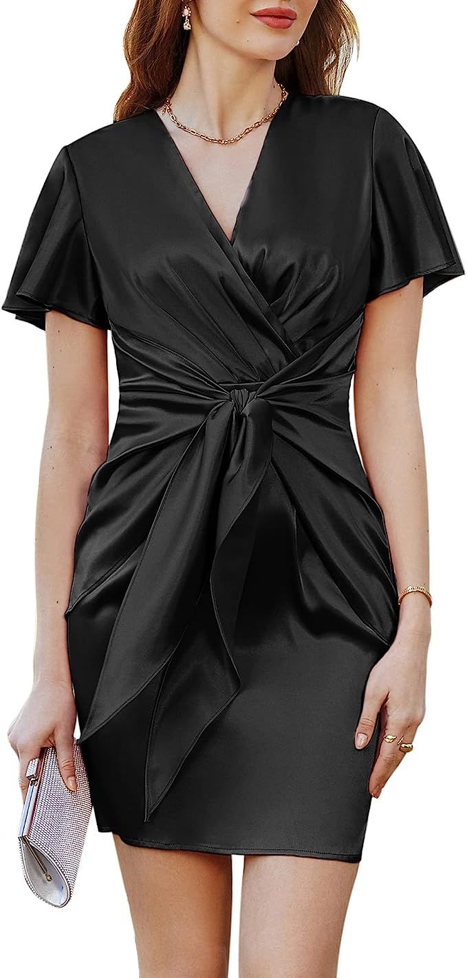 GRACE KARIN Women's Casual Wrap V Neck Ruched Tie Waist Satin Mini Dress Short Sleeve Cocktail Pa... | Amazon (US)