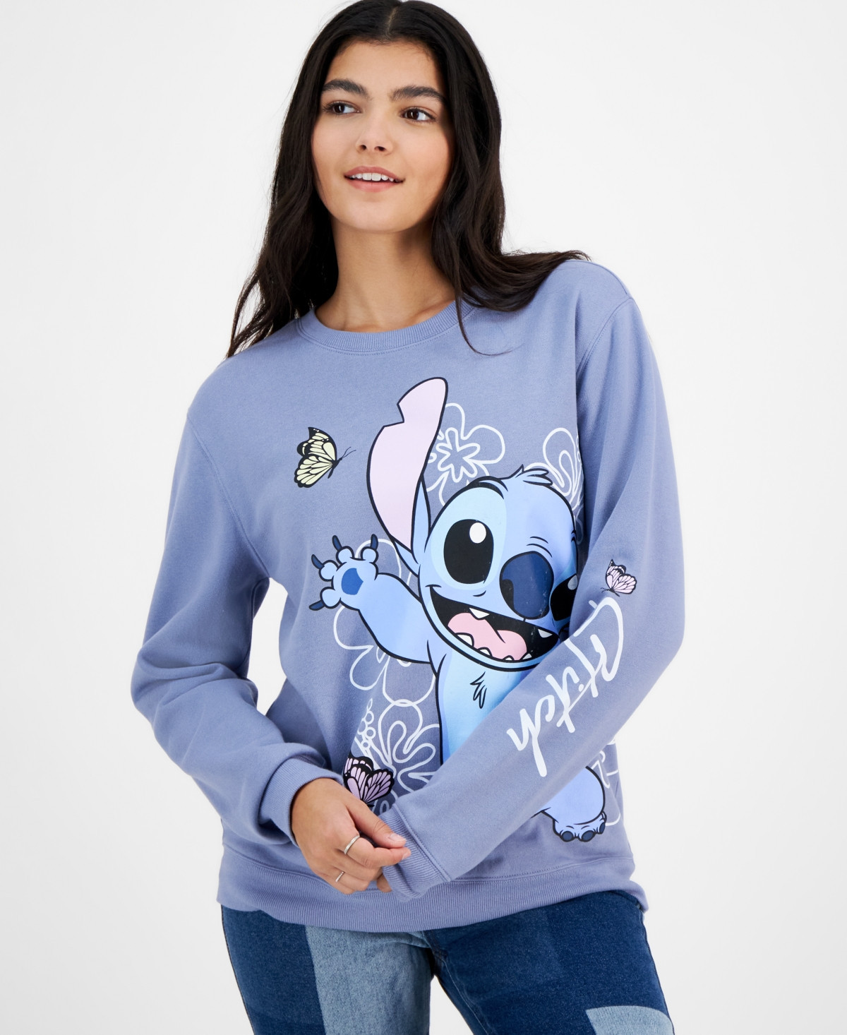 Disney Juniors' Stitch Butterfly Graphic Crewneck Sweatshirt - Rustic Blue | Macy's