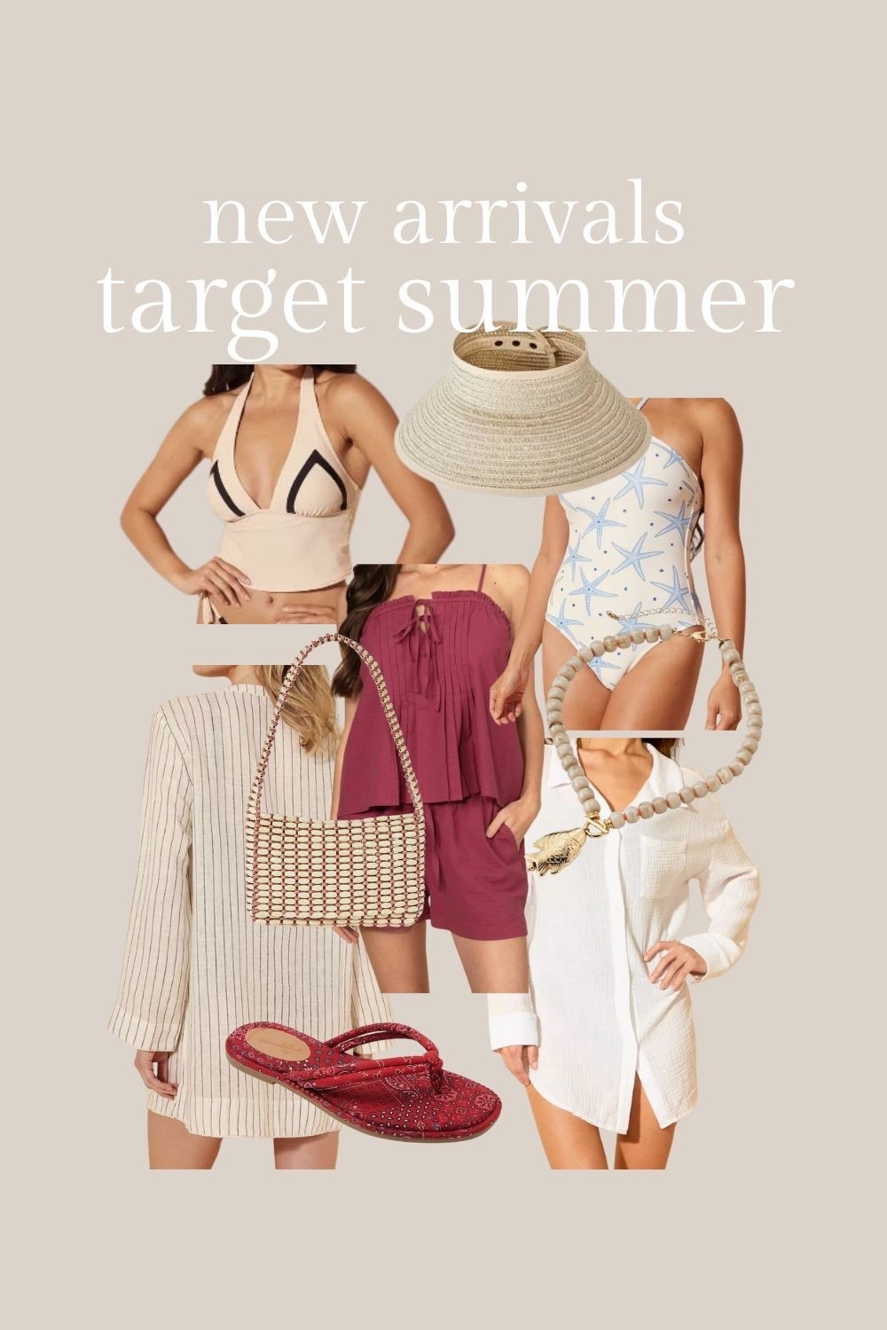 New arrivals at Target. Swimsuits, bags, , sun hats, sandals and necklaces for summer.