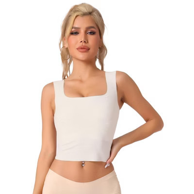 Allegra K Women's Ribbed with Built-In Bra Slim Fit Square Neck Tank Tops White Medium | Target