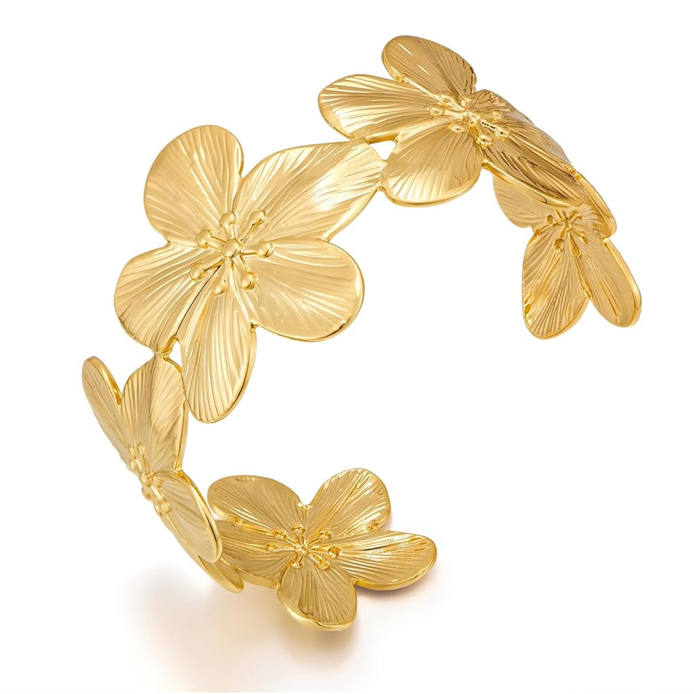Gold Vintage Flower Hollow Bangle Bracelet for Women Adjustable Open Bracelet | Amazon (US)