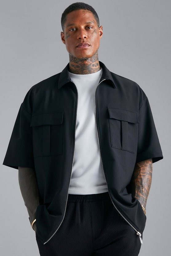 Nylon Boxy Oversized 2 Pocket Zip Overshirt | boohooMAN (DE, IE & UK)
