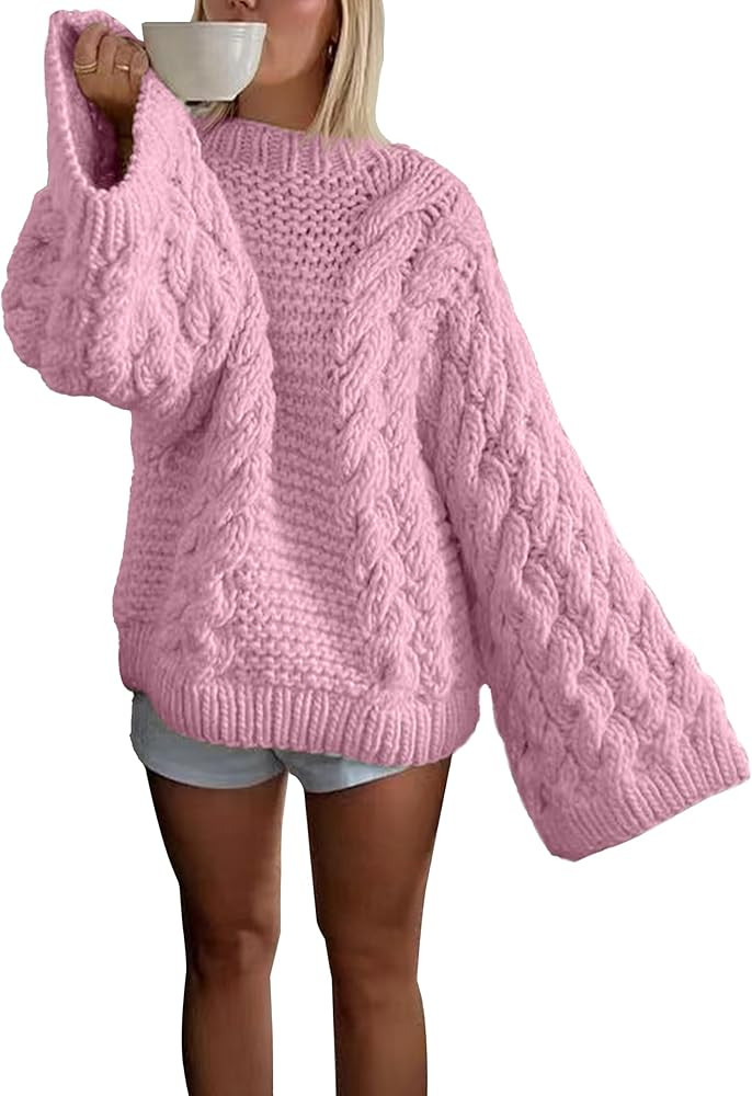 Women's Oversized Sweaters Knit Chunky Pullover Crew Neck Long Sleeve Baggy Y2K Cable Knitted Swe... | Amazon (US)
