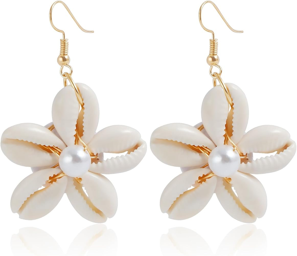 Handmade Cowrie Shell Flower Earrings – 18K Gold Plated, Boho Beach Dangle Earrings with Pearl ... | Amazon (US)