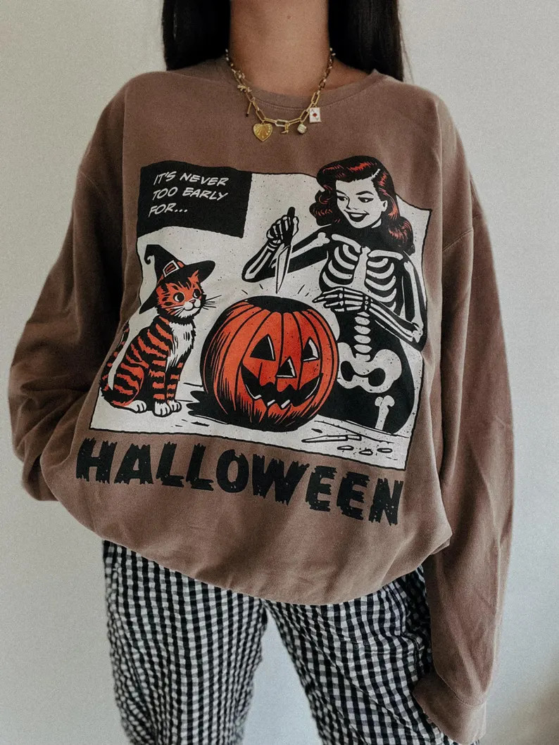 It's Never Too Early Halloween Crewneck, Vintage Inspired Halloween Sweatshirt, Cat Lady Hallowee... | Etsy (US)