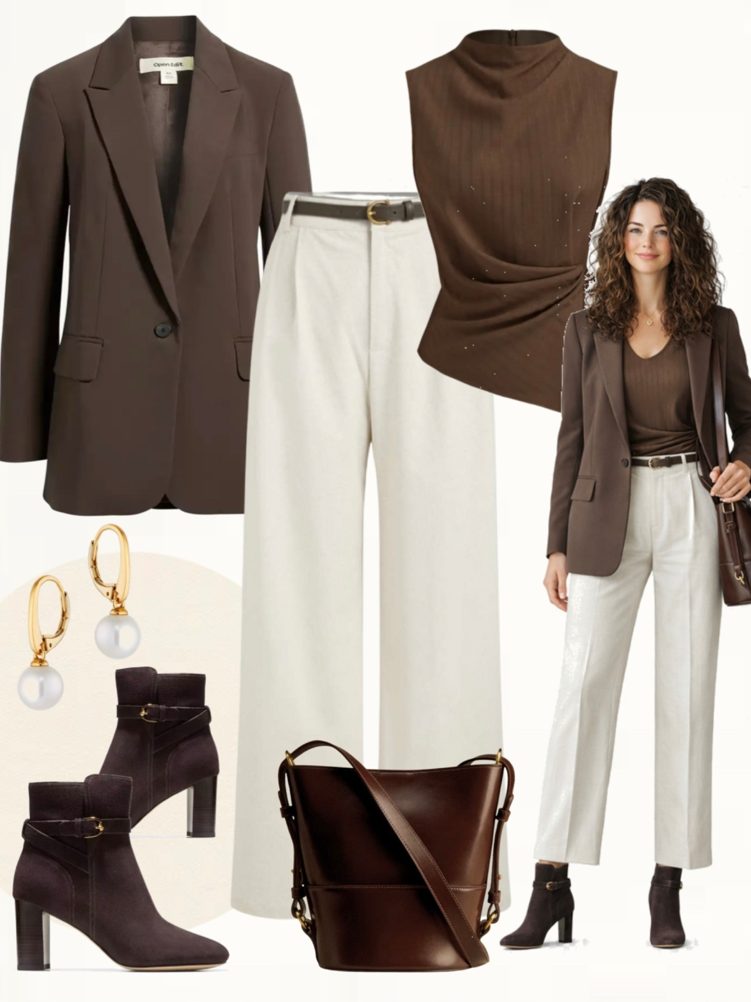 Brown blazer with ivory straight-leg trousers, chocolate brown draped top, dark brown ankle boots, brown leather bucket bag, and gold drop earrings.
#minimalstyle #officewear #springlooks

#LTKWorkwear #LTKootd #LTKOver40
