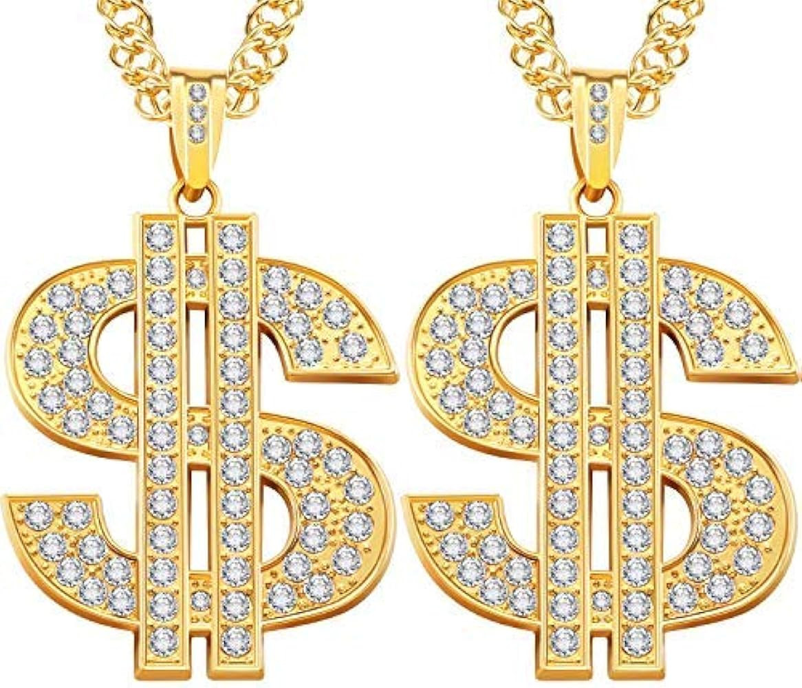 2 Pieces Gold/Silver Plated Chain for Men with Dollar Sign Pendant Necklace, Hip Hop Dollar Necklace | Amazon (US)