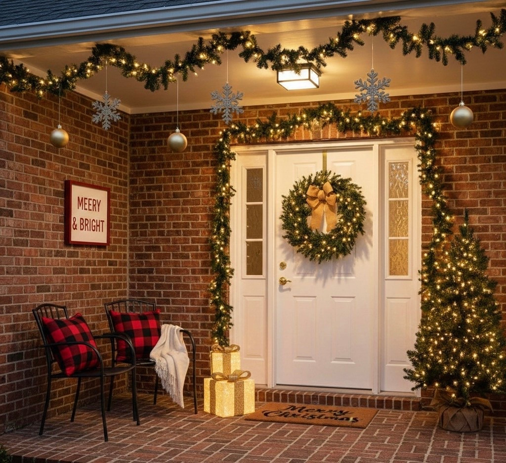 Step into the holidays with a warm welcome! I've linked all the details for this stunning front porch refresh, featuring classic pine garlands draped with twinkling lights, a cozy wreath with a burlap bow, and those adorable buffalo check pillows that add the perfect rustic touch. It's the perfect spot for sipping hot cocoa and watching the snow fall! ☕️

#LTKHoliday #LTKHome #LTKSeasonal