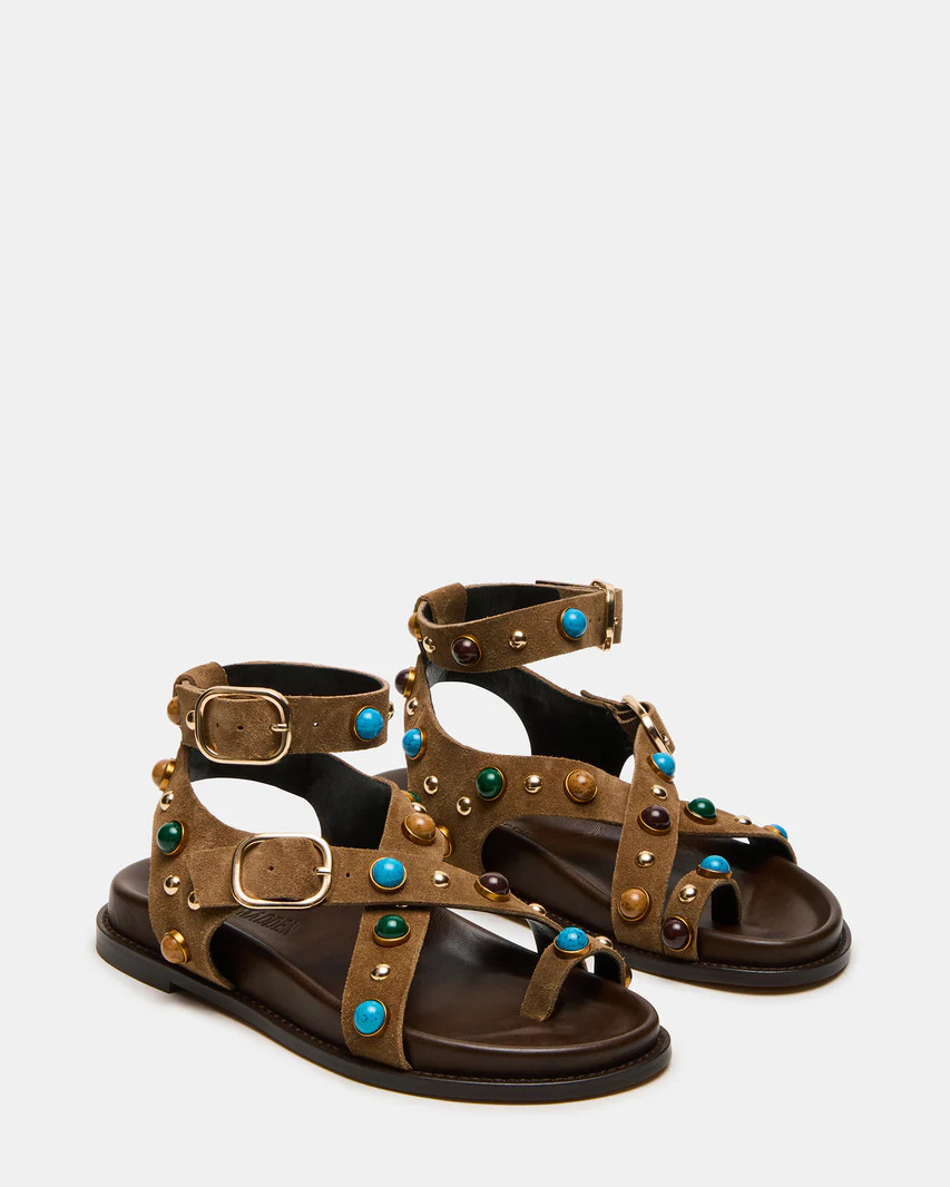 LINEAR Taupe Suede Strappy Footbed Studded Women's Sandal | Steve Madden (US)