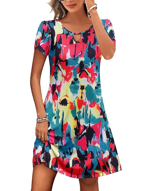 HOTOUCH Women's Casual A-Line Dress with Pockets Summer Beach Floral Tshirt Dress Short Sleeve Mi... | Amazon (US)