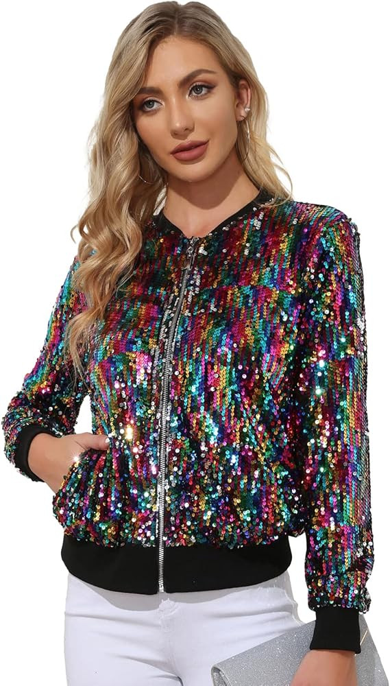 KANCY KOLE Womens Sequin Jacket with Pockets Casual Long Sleeve Front Zip Party Bomber Blazer S-2... | Amazon (US)