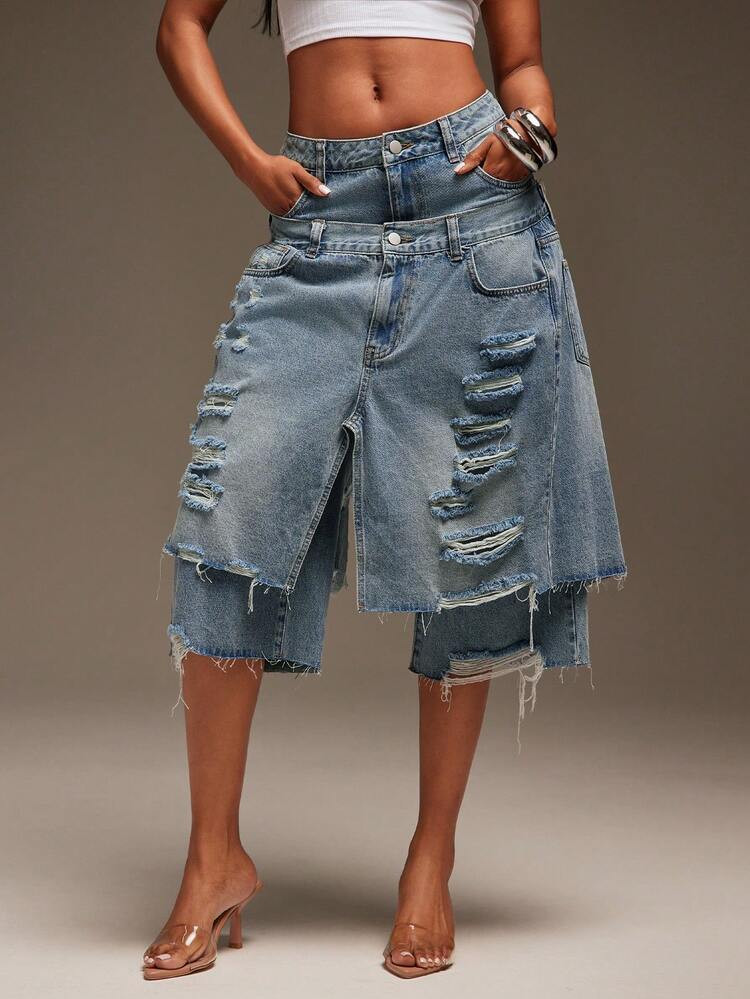 Denimoi Overlapping Layered Distressed Denim Jorts Fashionable Streetwear | SHEIN