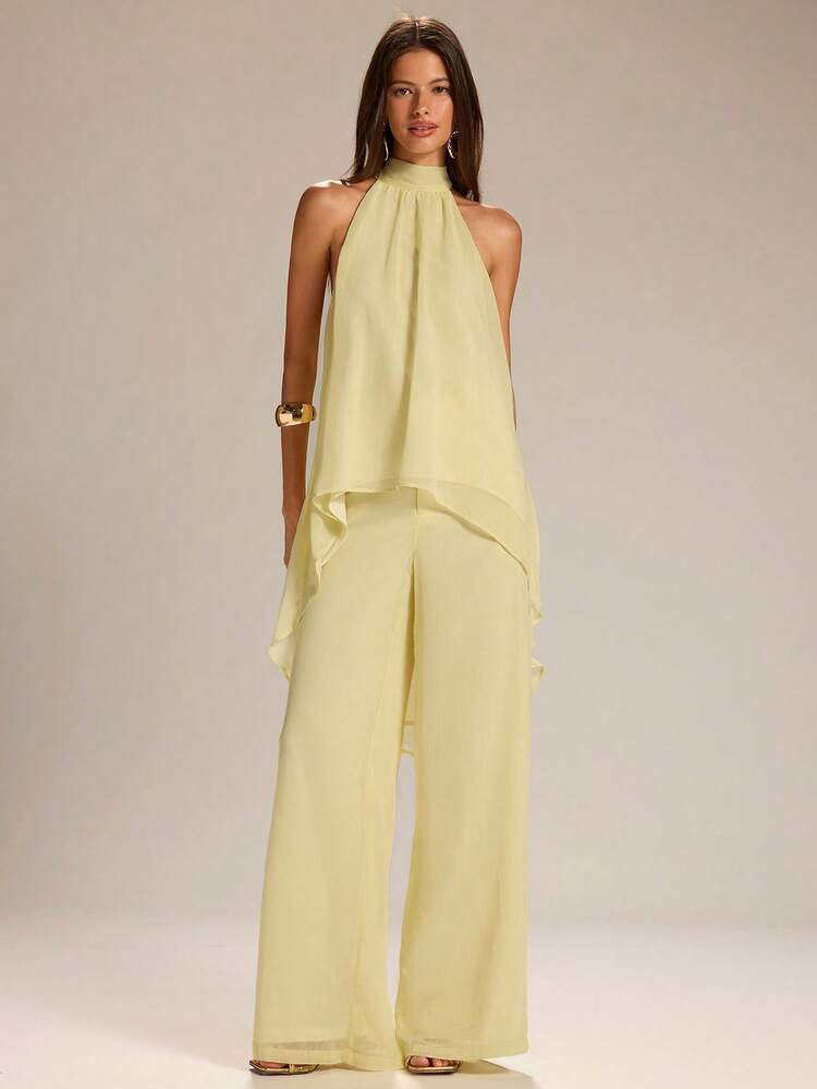 SHEIN BAE Spring/Summer Solid Yellow Halter Neck Sheer Asymmetrical Sleeveless Tank Top & Linen Wide Leg Pants, Casual 2-Piece Set Minimalist 2-Piece Set | SHEIN