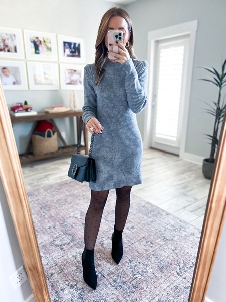 Amazon sweater dress. Holiday outfit. Holiday dress (small, comes in other colors). Holiday party. Amazon tights. Amazon black booties (TTS, so comfy). Amazon purse. Date night outfit. Dinner outfit. 

#LTKHoliday #LTKunder50 #LTKshoecrush