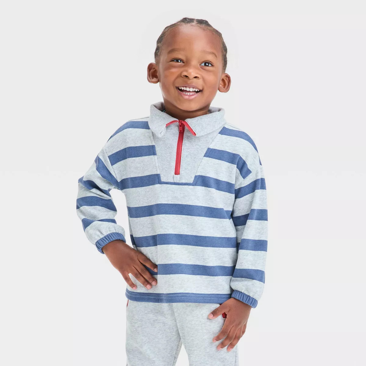Toddler Boys' Striped French Terry Quarter Zip Sweatshirt - Cat & Jack™ Heather Gray/Blue | Target