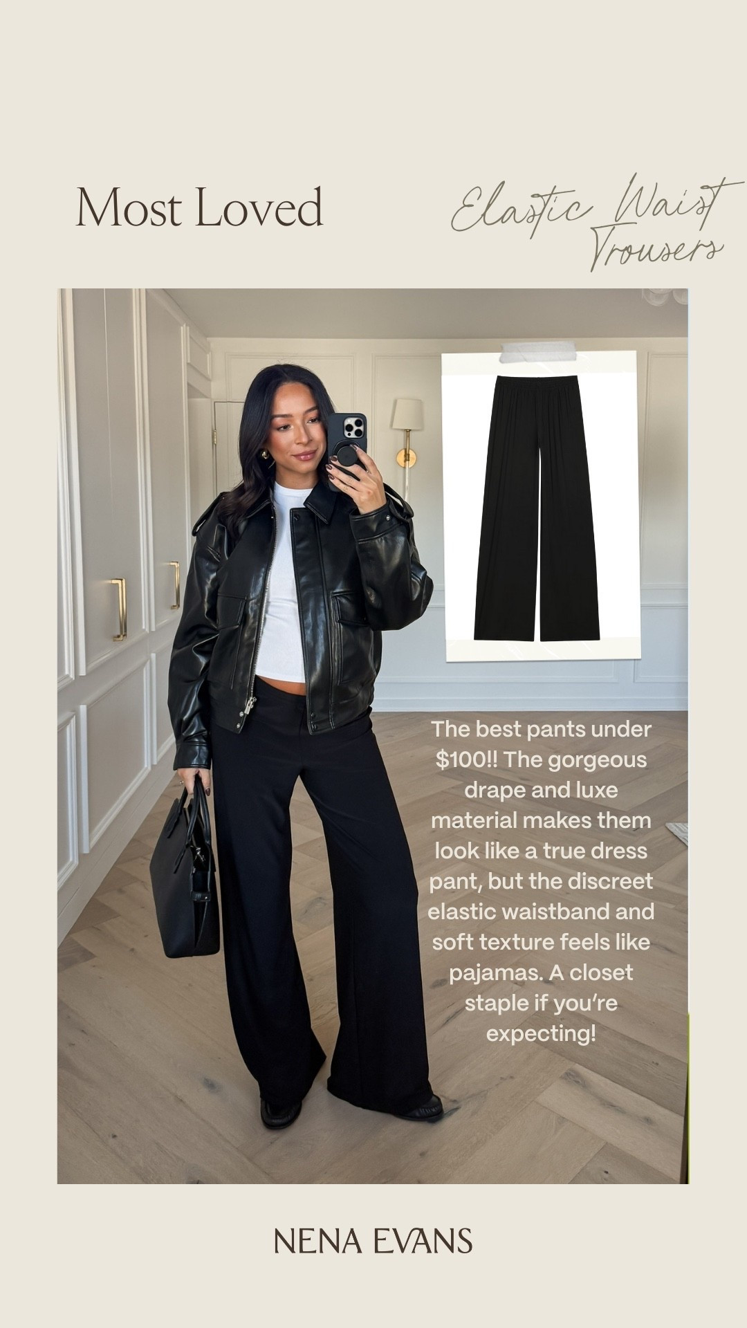 2025 favorite - Elastic waist pant pants! Wearing size S white long sleeve, size M black leather jacket, size M black wide leg pants, loafers fit tts 

Winter outfit 
Winter fashion 
Closet staples 
Closet essentials 
Bump-friendly outfit

#LTKFindsUnder100 #LTKSeasonal #LTKBump