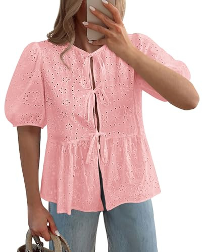 KIRUNDO Peplum Tops for Women 2026 Summer Eyelet Tie Front Blouses Casual Short Lantern Sleeve Cu... | Amazon (US)