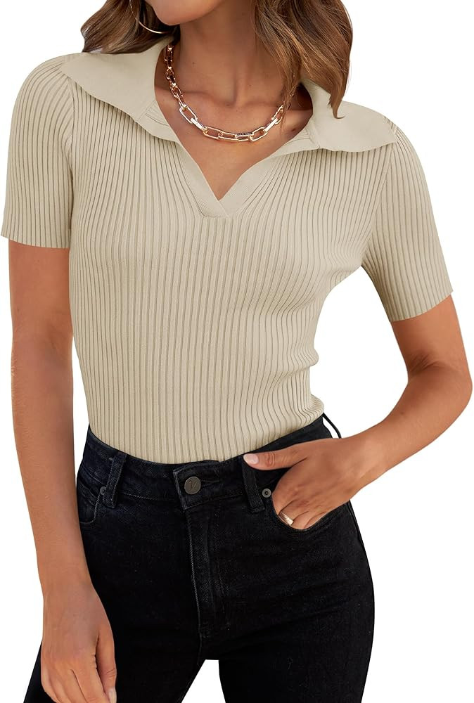 ZESICA Women's Short Sleeve V Neck T Shirts 2025 Summer Ribbed Knit Slim Fitted Basic Solid Color... | Amazon (US)