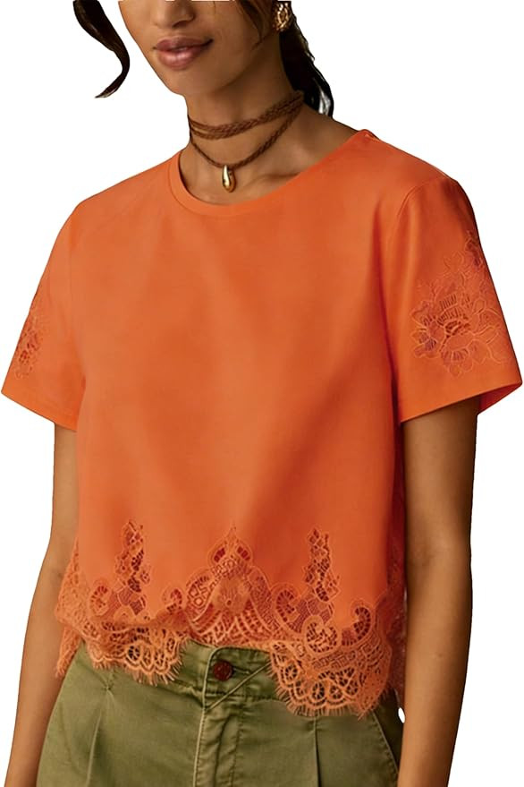 Women's Cropped Lace Tops Short Sleeve Crew Neck Blouse Lace Trim Casual Loose Summer T Shirt | Amazon (US)