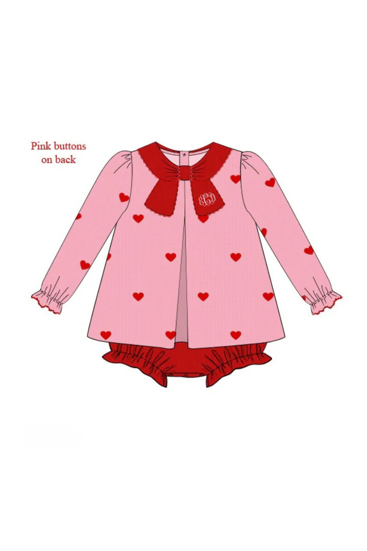 Pre-Order Embroidered Hearts Pink and Red Corduroy Skirted Bubble | The Smocked Flamingo